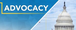 Advocacy banner graphic of a capital building on one side and graphic blue triangles on the other side with text reading advocacy